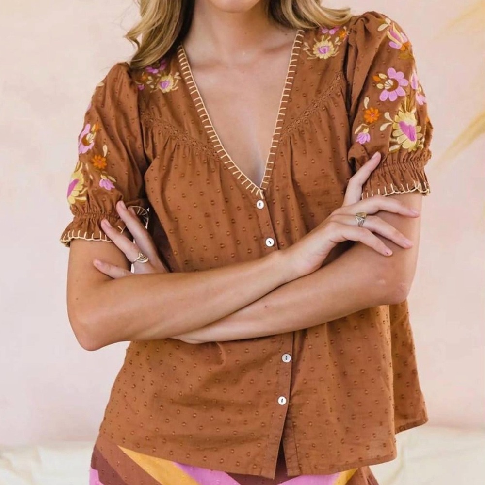 Nine Lives Bazaar Lila Embroidered Brown Button Front Blouse Top X-Small‎ NEW